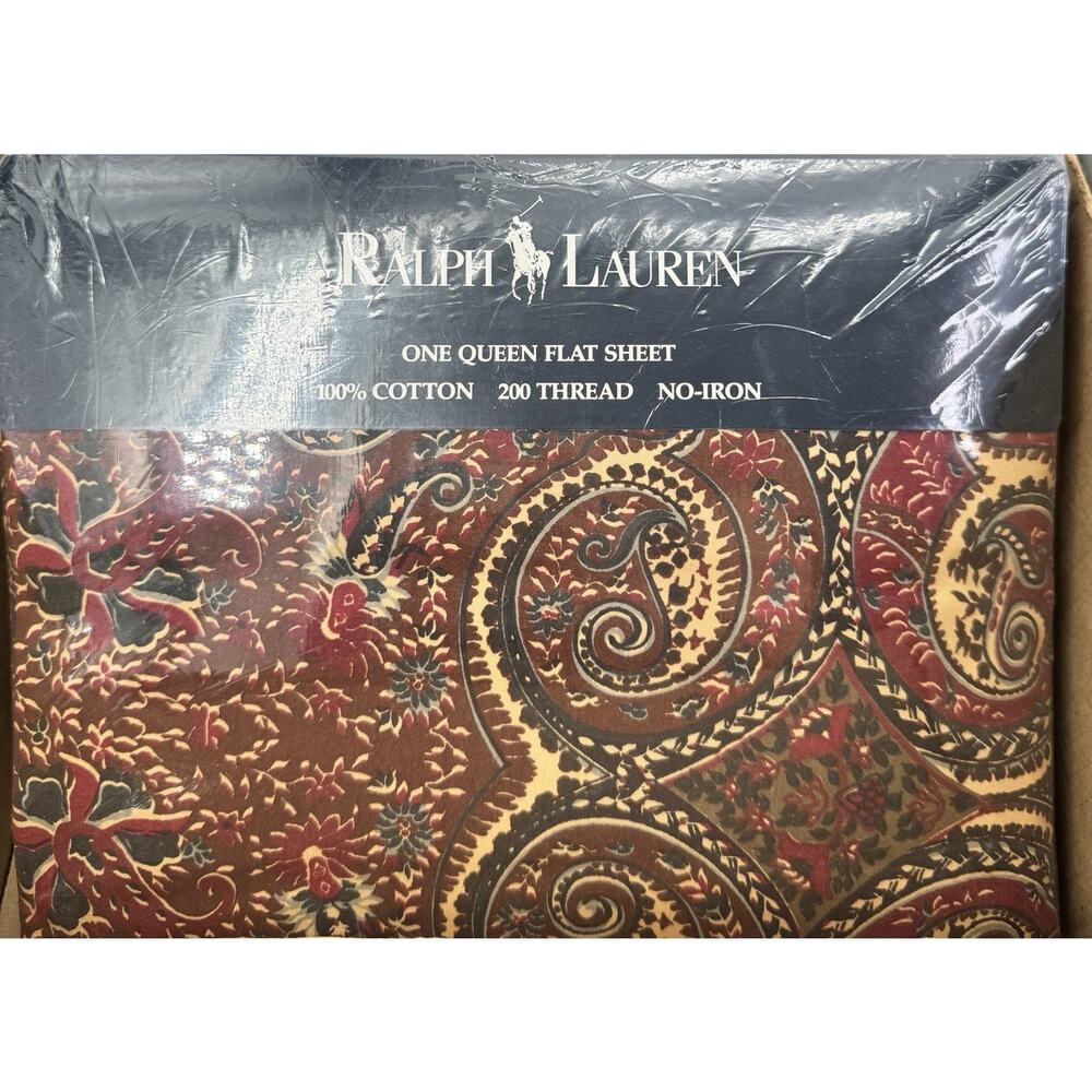 Vintage RALPH LAUREN QUEEN Flat Sheet Whitbury‎ Paisley Black Red Brown Combed